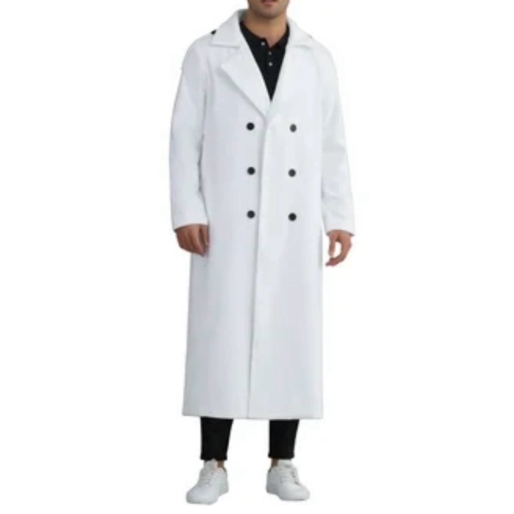 Allegra K Men’s Winter Notch Napel Double Breasted Long Overcoat 2XL White NWT